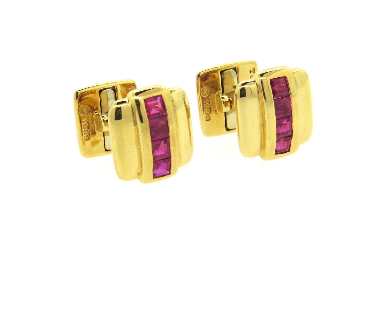 Circa 1999 18k yellow gold cufflinks, crafted by Tiffany & Co, each set with four square cut rubies. Cufflink top measures 13.7mm x 12.7mm. Marked T & Co,1999,750. Weight - 15.9 grams