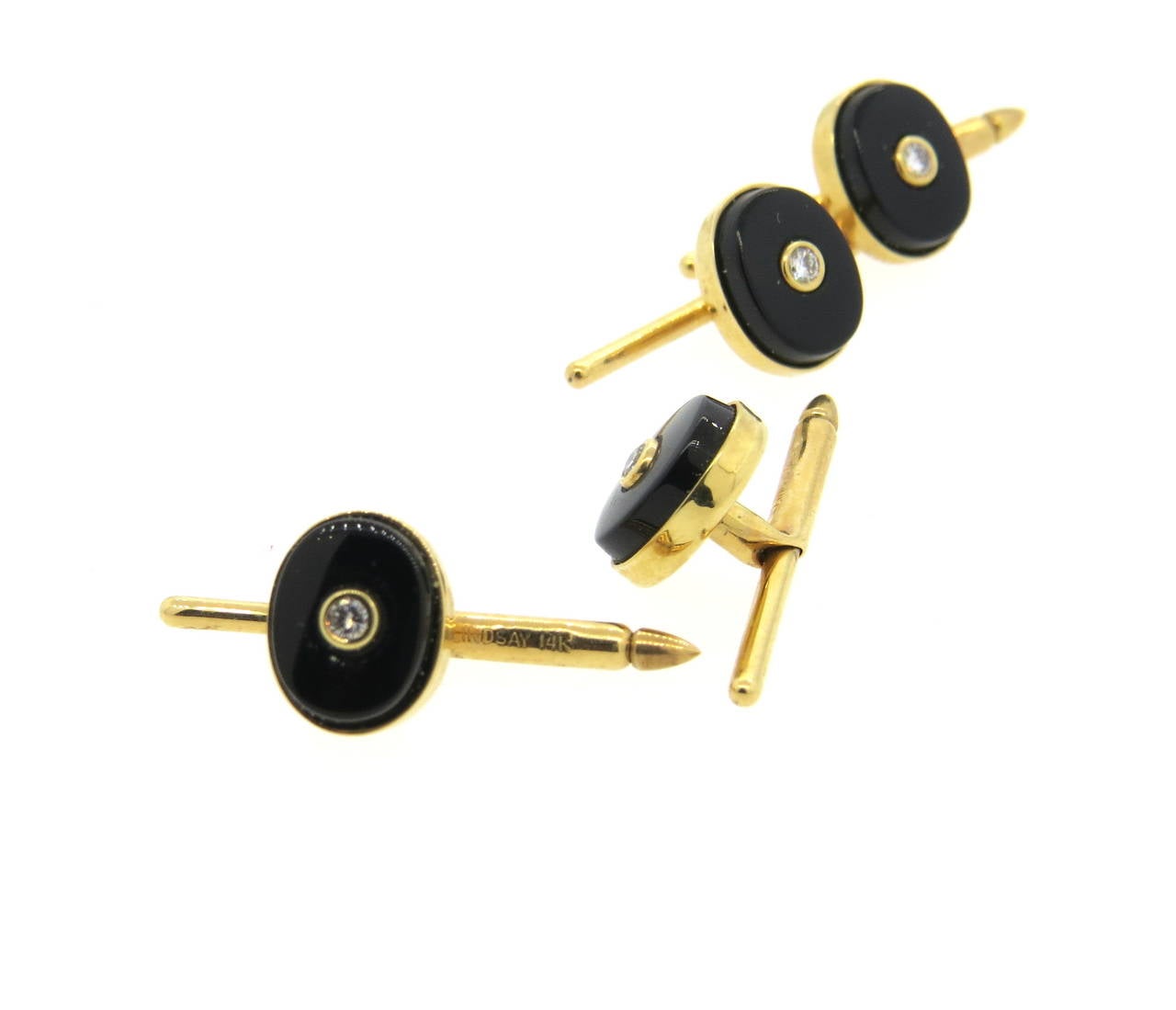 14k gold dress studs set of 4, crafted by Lindsay & Co. Each stud is set with a diamond in the center and black onyx top, measuring 10.5mm x 8.7mm. Marked 14k Lindsay. Weight of the set - 7.8 grams