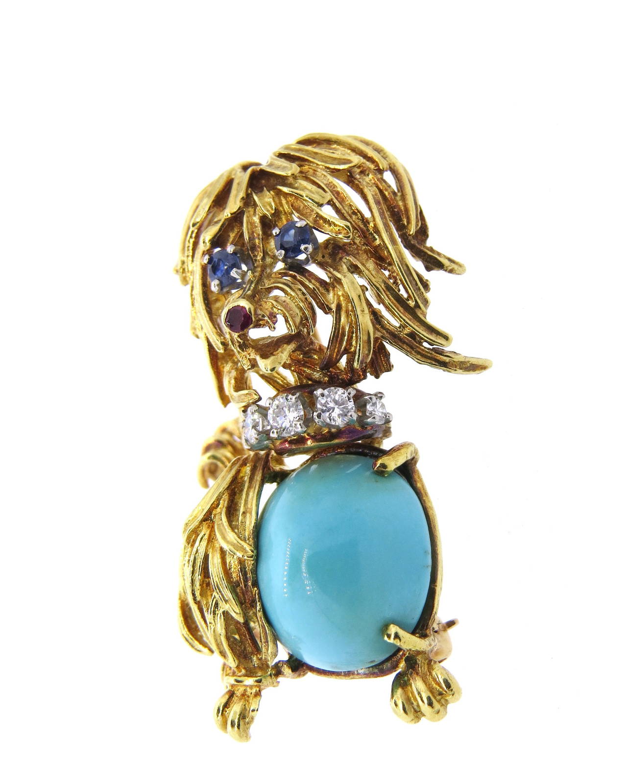 1960s Turquoise Sapphire Ruby and Diamond Gold Dog Brooch Pin In Excellent Condition In Lambertville, NJ