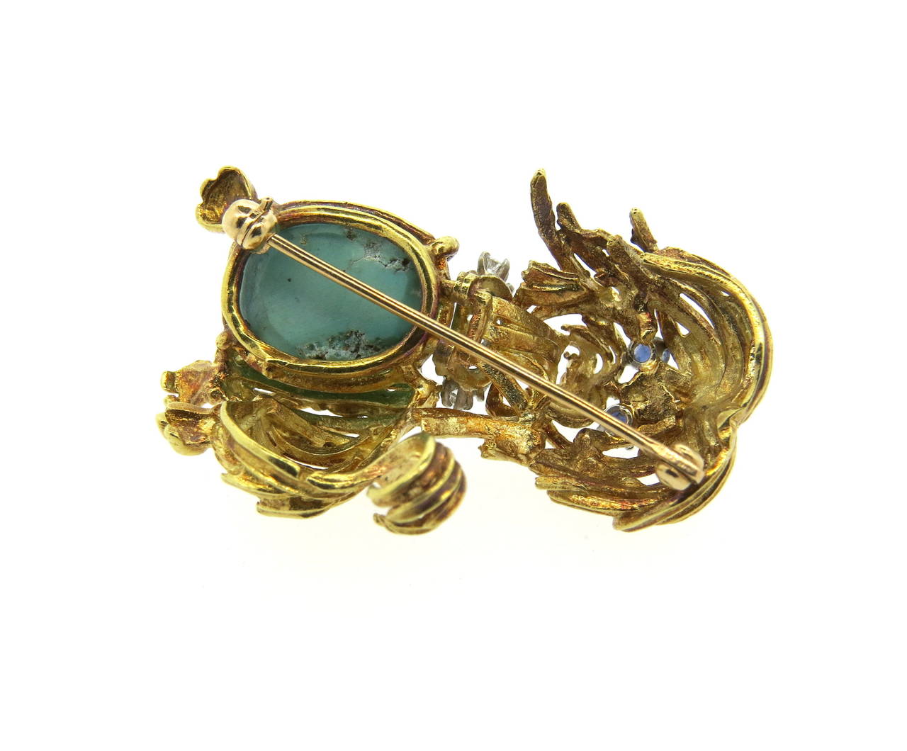 Women's 1960s Turquoise Sapphire Ruby and Diamond Gold Dog Brooch Pin