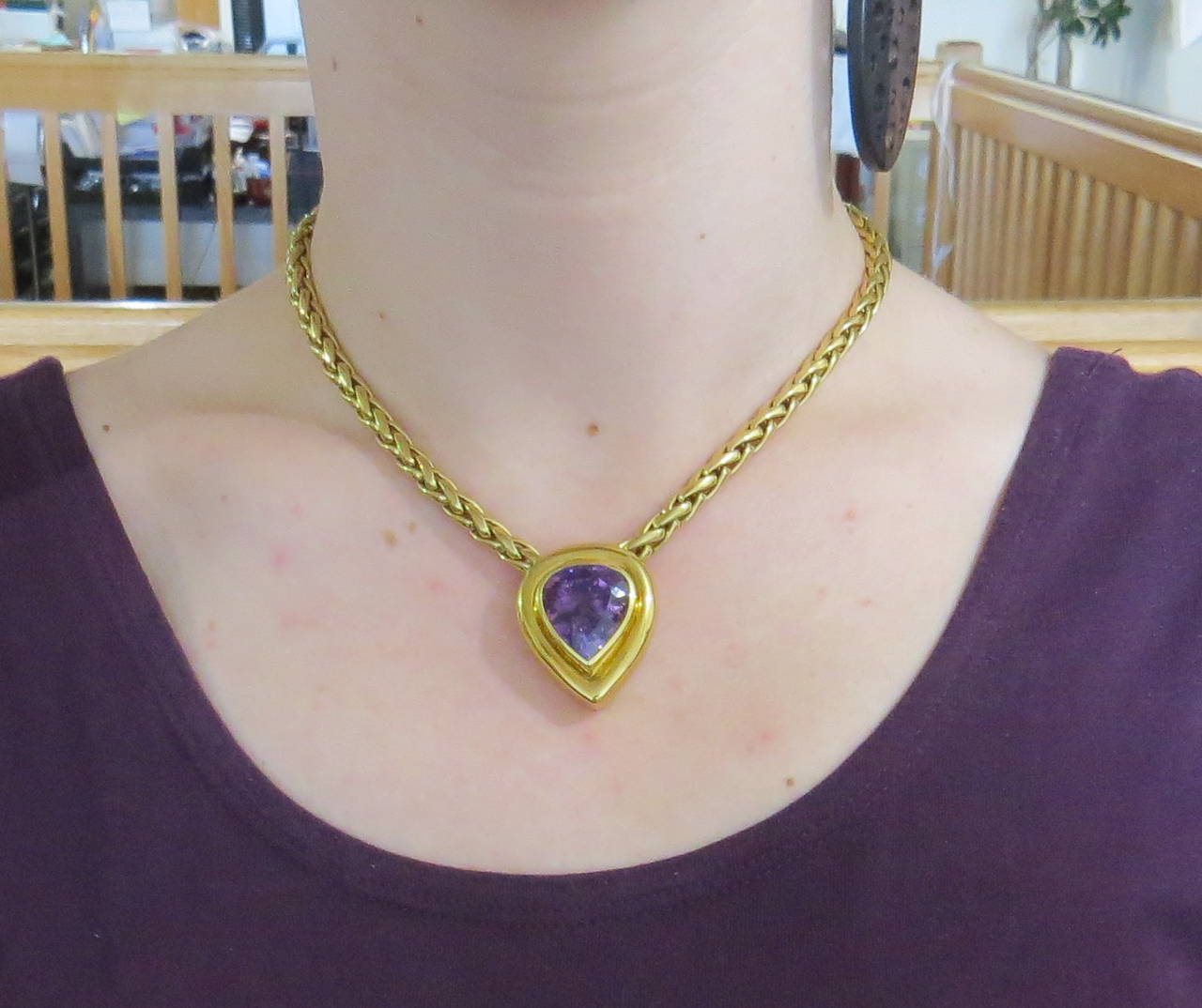 Impressive Tiffany & Co 18k gold necklace with approximately 20.5ct amethyst pendant. Necklace chain is 16 1/4