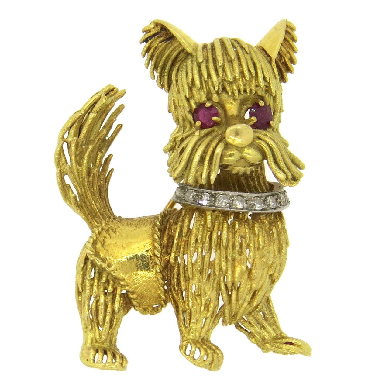 1960s Diamond Ruby Gold Dog Brooch Pin