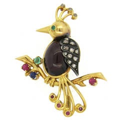 Antique Continental Gold Silver Garnet Sapphire Emerald Diamond Bird Brooch