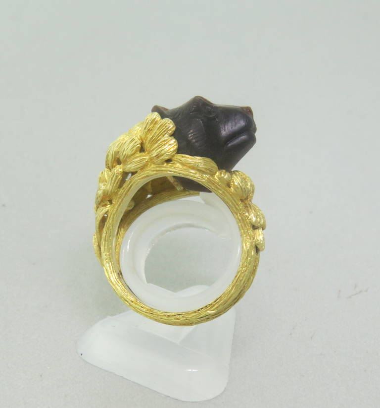 1960s Continental Carved Tiger's Eye Gold Bear Ring 1
