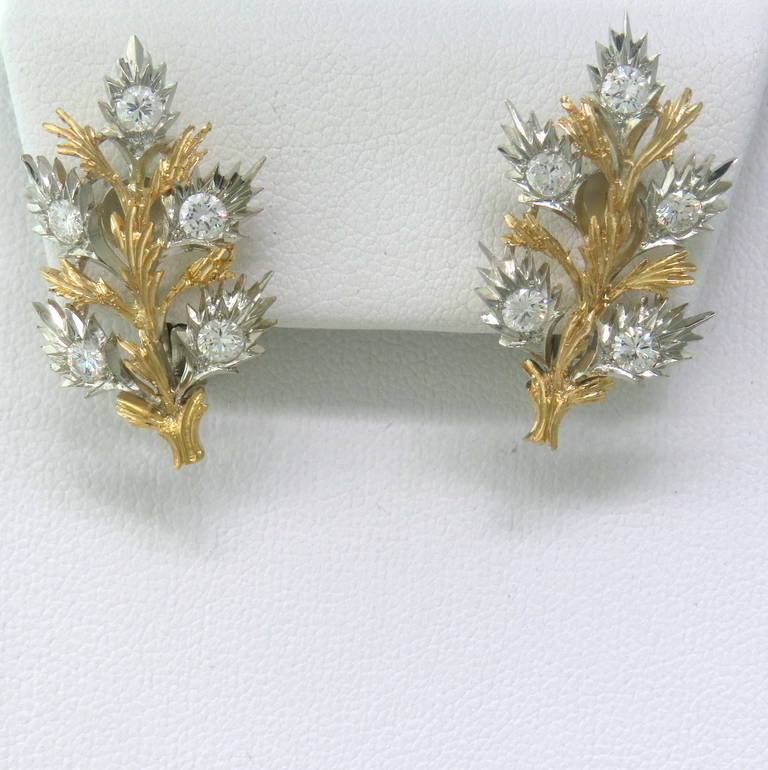 18k Gold and Diamond Earrings in a Leaf Motif by Buccellati.  The earrings are set with 1.06ctw in diamonds.  The earrings measure 30mm x 16mm and weigh 8.5 grams.  Current Replacement Value from Buccellati $19,500