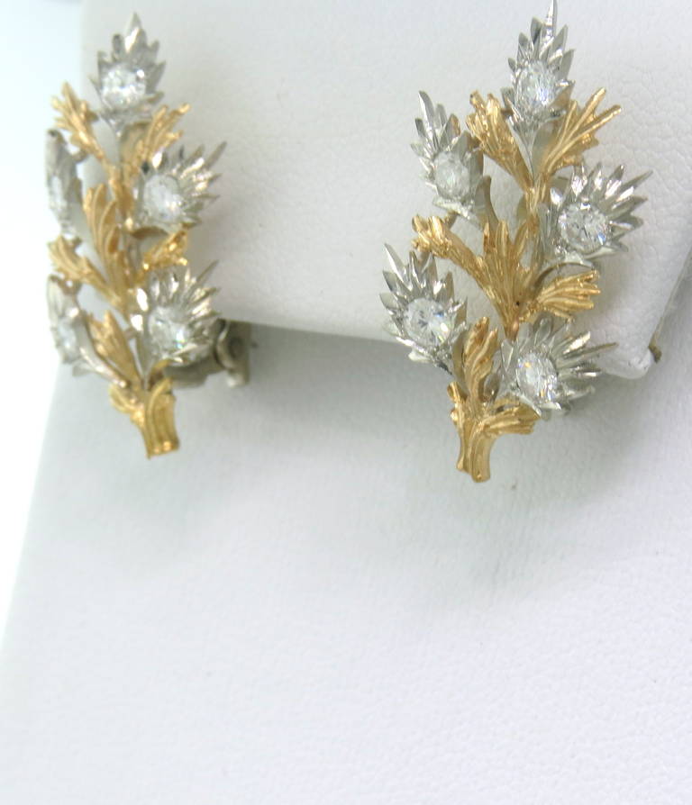 Round Cut Buccellati Diamond Gold Leaf Motif Earrings For Sale