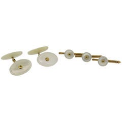 Antique Art Deco Larter & Son Mother of Pearl Gold Cufflinks Stud Dress Set