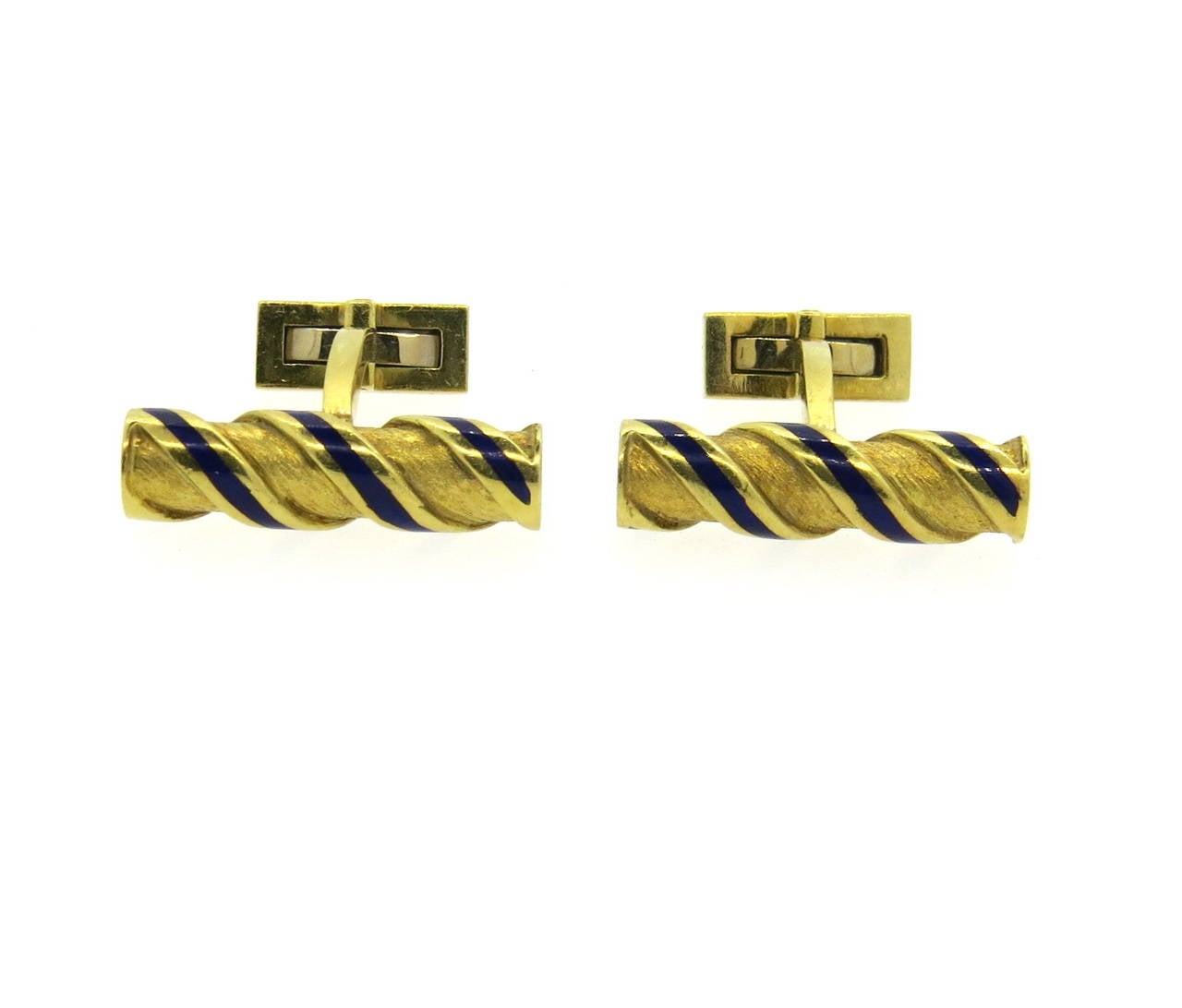 18k gold classic cufflinks, decorated with blue enamel. Cufflink top measures 24mm x 6mm. Weight - 20.1 grams