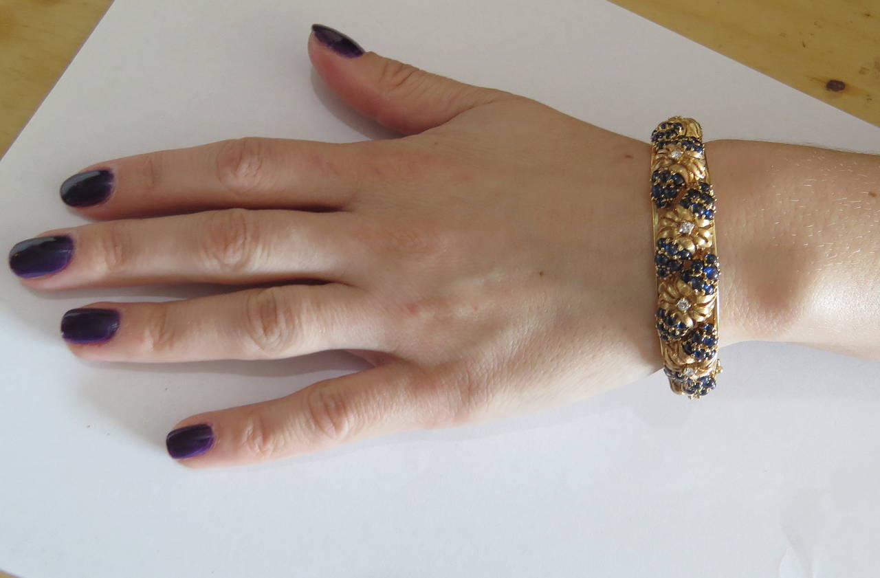 Mid Century Sapphire Diamond Gold Floral Bangle Bracelet 2
