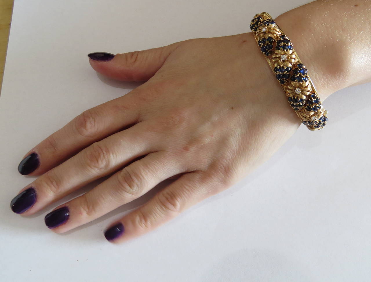 Mid Century Sapphire Diamond Gold Floral Bangle Bracelet 3