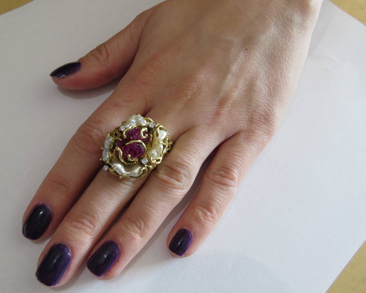1970s Free Form Chatham Ruby Pearl Diamond Gold Ring 2