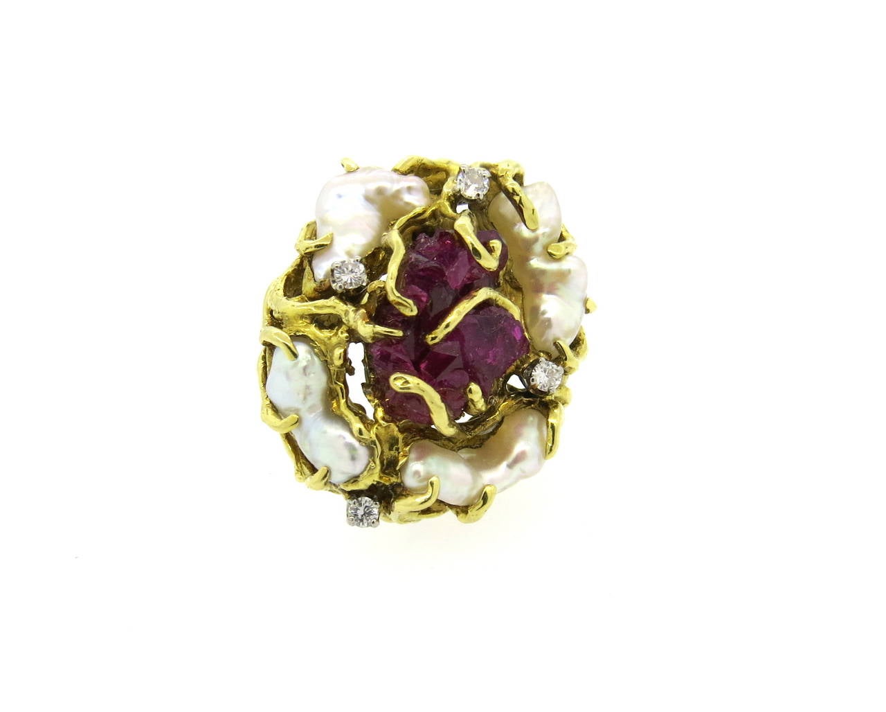 1970s Free Form Chatham Ruby Pearl Diamond Gold Ring In Excellent Condition In Lambertville, NJ