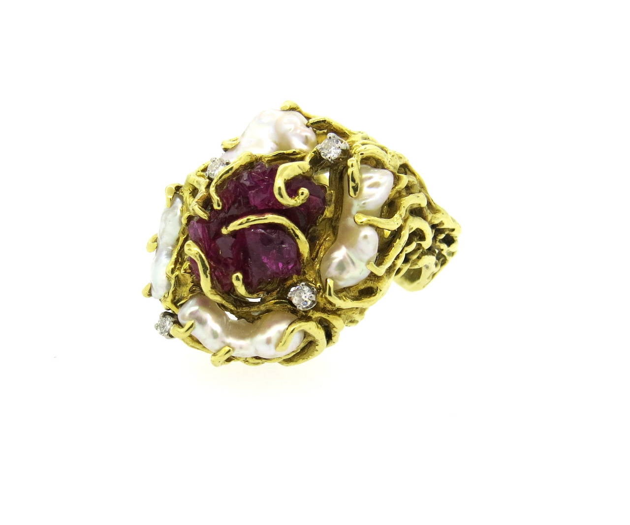 1970s Free Form Chatham Ruby Pearl Diamond Gold Ring 3