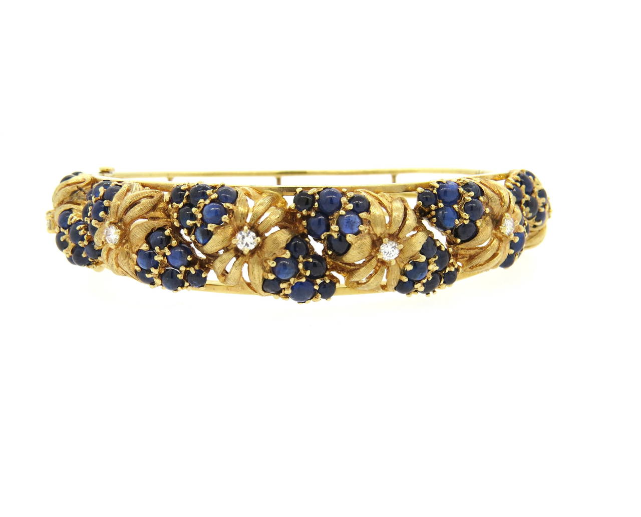 Mid Century Sapphire Diamond Gold Floral Bangle Bracelet 1