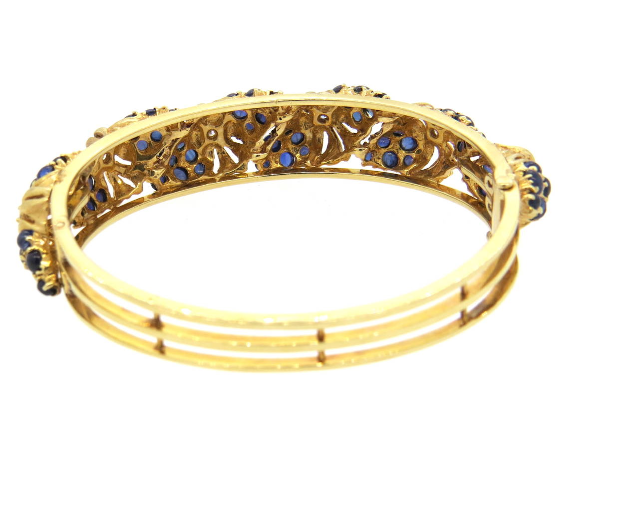 Women's Mid Century Sapphire Diamond Gold Floral Bangle Bracelet