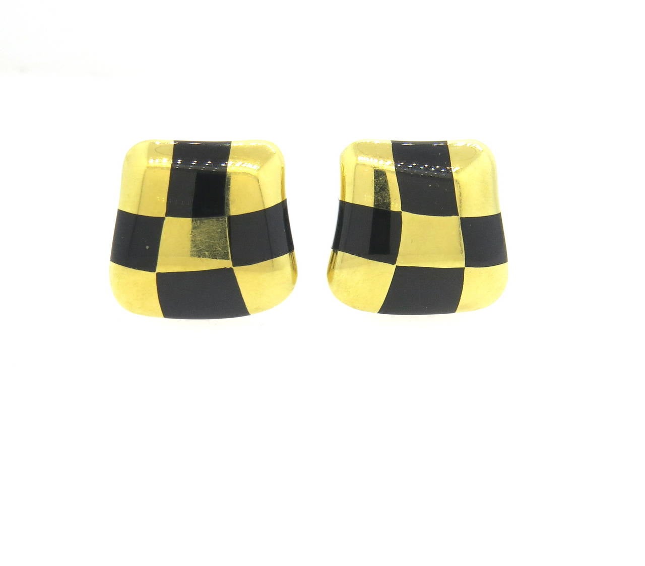1980s Angela Cummings Jade Inlay Gold Checkerboard Earrings In Excellent Condition In Lambertville, NJ