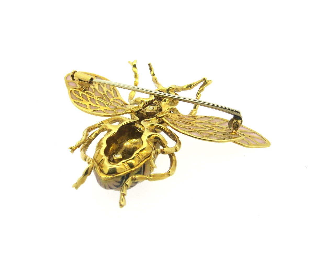 18k yellow gold insect brooch, decorated with multicolor enamel.  Brooch measures 49mm x 57mm. Weight of the piece - 20 grams