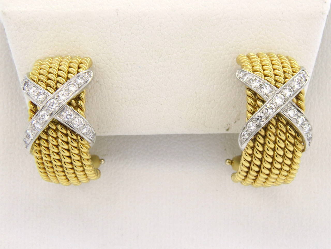 Tiffany & Co Jean Schlumberger Gold Platinum Diamond Six Row Rope Hoop Earrings In Excellent Condition In Lambertville, NJ
