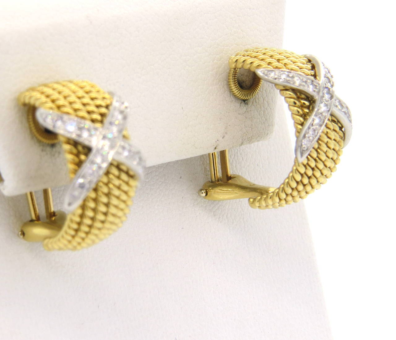 Women's Tiffany & Co Jean Schlumberger Gold Platinum Diamond Six Row Rope Hoop Earrings