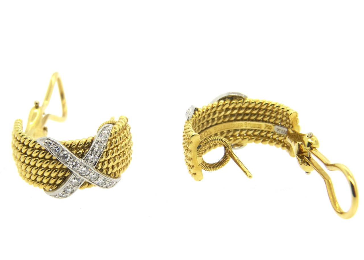 Tiffany & Co Jean Schlumberger Gold Platinum Diamond Six Row Rope Hoop Earrings 1