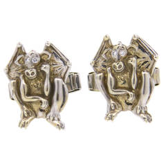 Vintage Lindsay & Co. Whimsical Diamond Gold Winged Goblin Cufflinks