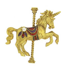 Enamel Diamond Gold Unicorn Carousel Brooch Pin