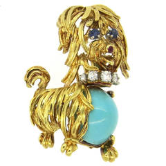 1960s Turquoise Sapphire Ruby and Diamond Gold Dog Brooch Pin