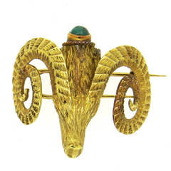 Vintage Ilias Lalounis Emerald Gold Ram's Head Brooch Pin