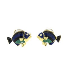 Asch Grossbardt Lapis Onyx Malachite Diamond Gold Fish Cufflinks