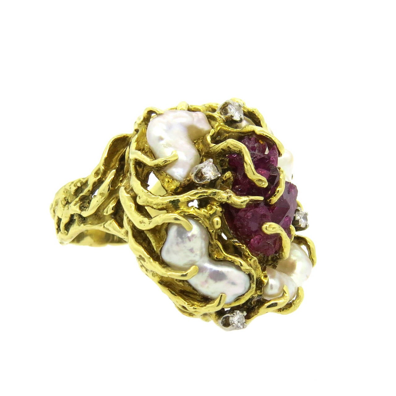 1970s Free Form Chatham Ruby Pearl Diamond Gold Ring