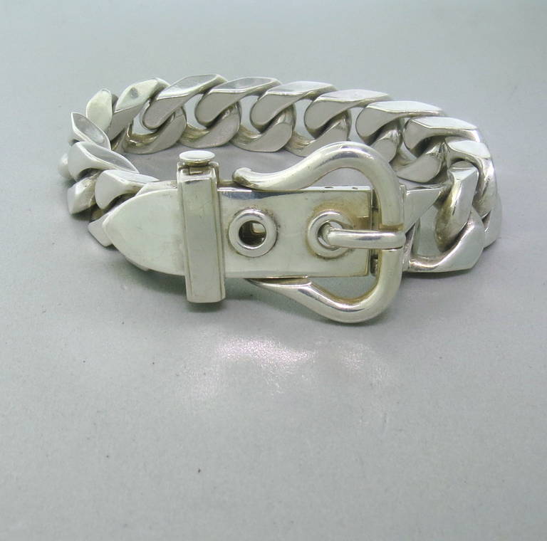 Large Hermes Sterling Silver Buckle Motif Bracelet.  The bracelet measures 9.25