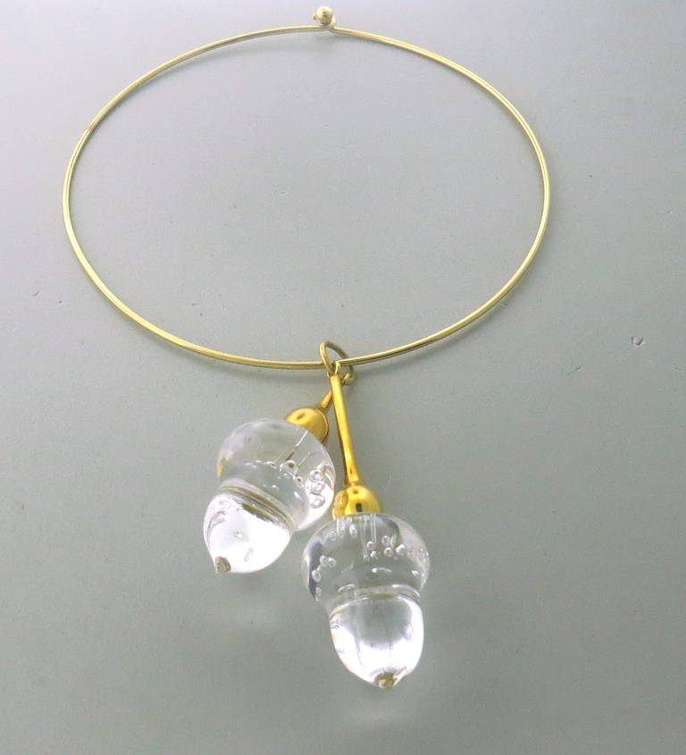 14k Yellow Gold Necklace with two glass acorn pendants.  The necklace is 15