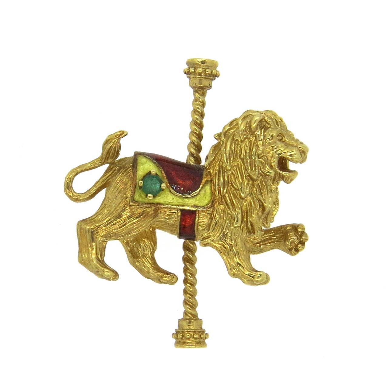 1970s Enamel Emerald Gold Carousel Lion Brooch Pin