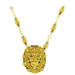 Massive 1980s Gemstone Diamond Gold Brooch Pendant Necklace