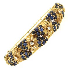 Mid Century Sapphire Diamond Gold Floral Bangle Bracelet
