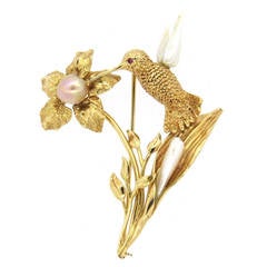 Ruser Pearl Ruby and Gold Hummingbird Brooch Pin