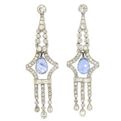 Gorgeous Sapphire Old European Diamond Platinum Briolette Long Drop Earrings