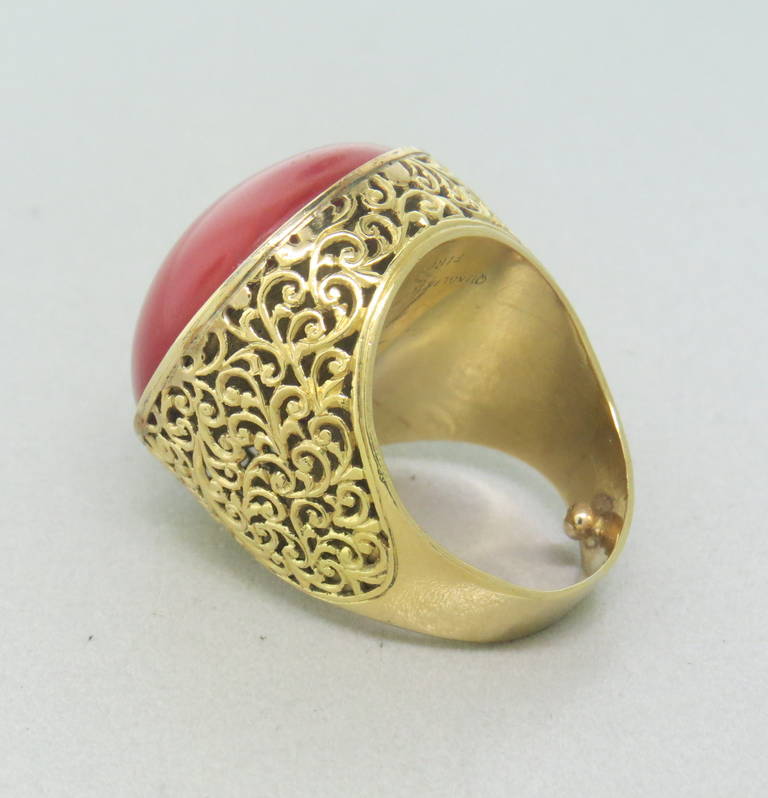 Mid Century Oxblood Coral Gold Cocktail Ring In Excellent Condition In Lambertville, NJ