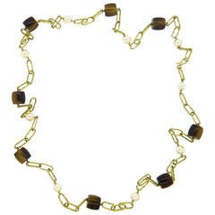 1970s Tiger
s Eye Pearl Gold Link Chain Necklace