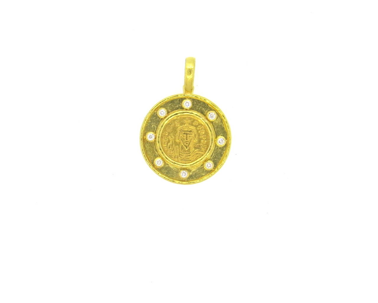 Elizabeth Locke One-Of-A-Kind Ancient Gold Byzantine Coin With Eight Diamonds Set In Flat Hammered Bezel With Clip Bale. 
19k yellow gold pendant enhancer, crafted by Elizabeth Locke, set with an 18mm ancient Byzantine coin, surrounded with