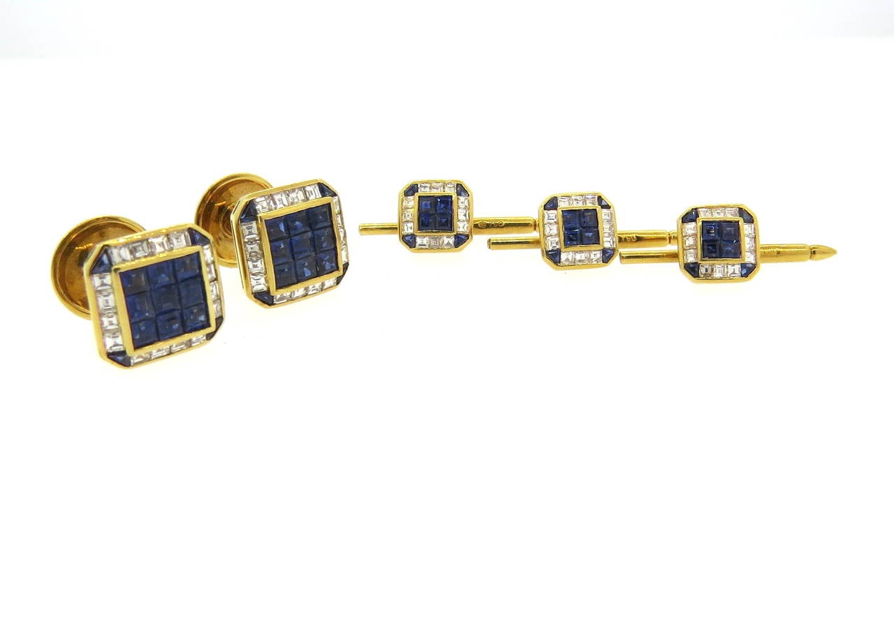 Exquisite Sapphire Diamond Gold Cufflinks and Stud Dress Set In Excellent Condition In Lambertville, NJ