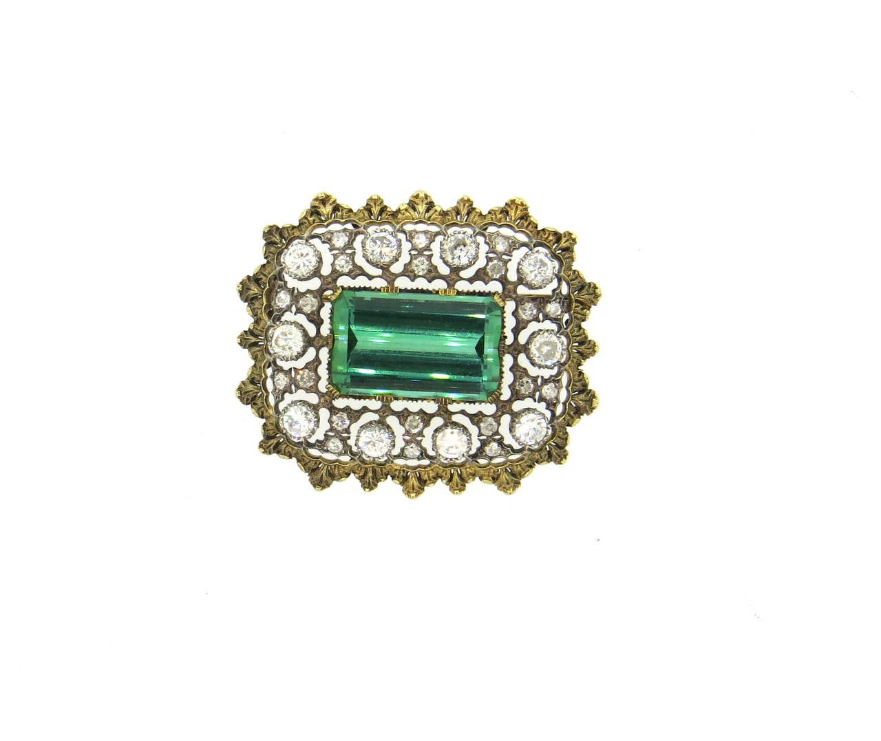 Women's Impressive Buccellati Green Tourmaline Diamond Gold Brooch Pin