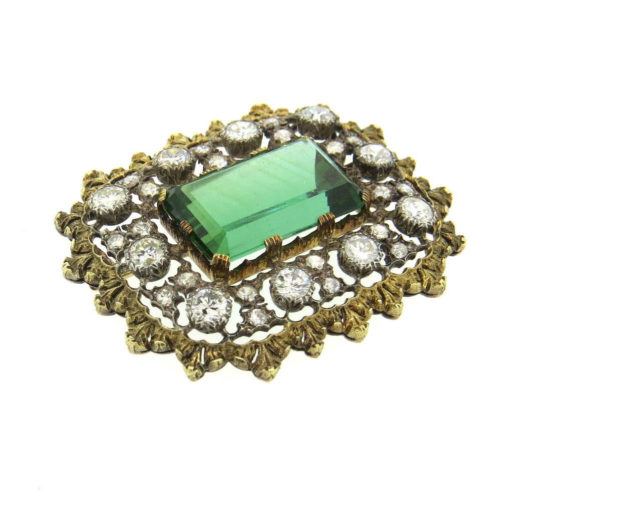 Impressive Buccellati Green Tourmaline Diamond Gold Brooch Pin 1