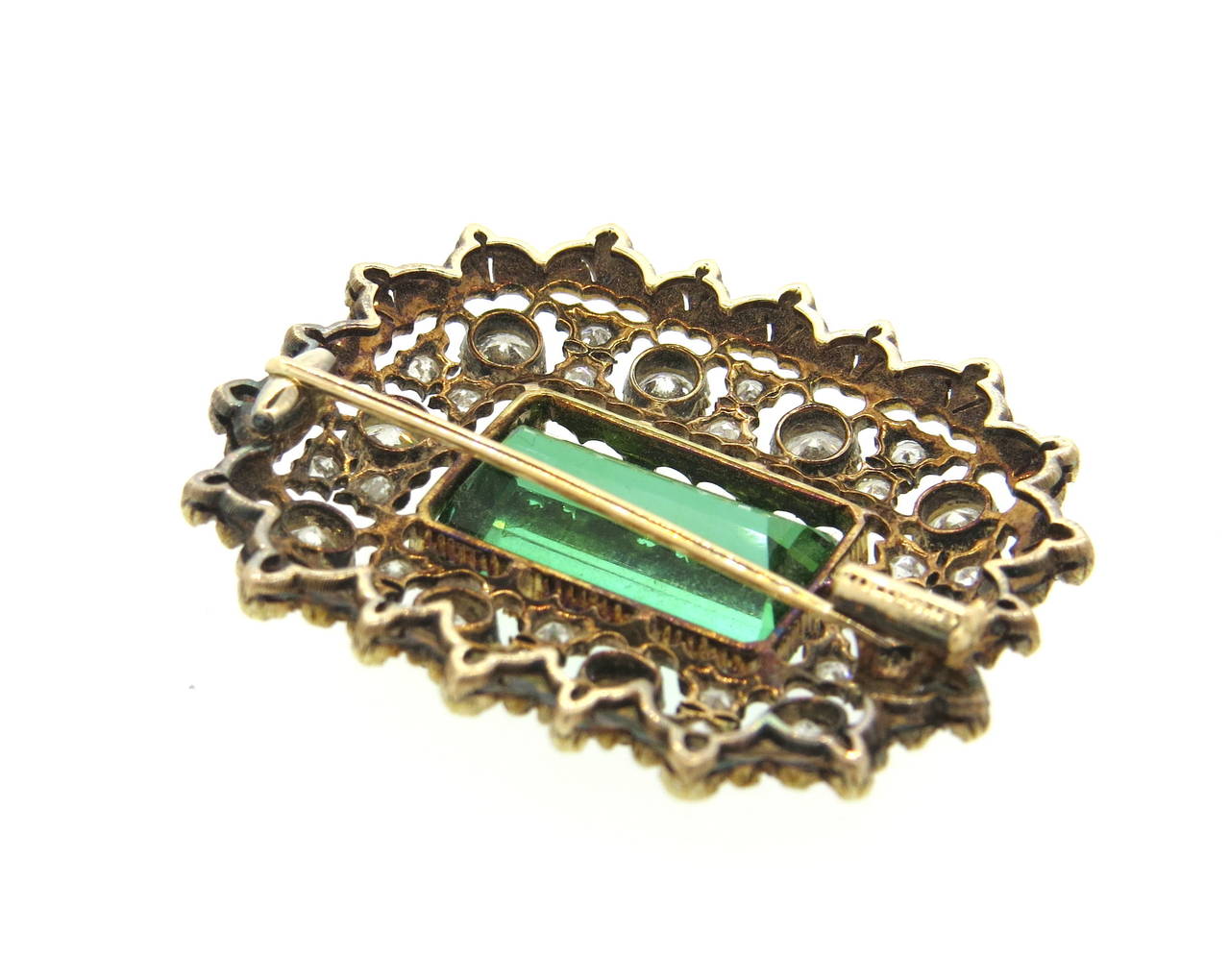 Impressive Buccellati Green Tourmaline Diamond Gold Brooch Pin In Excellent Condition In Lambertville, NJ