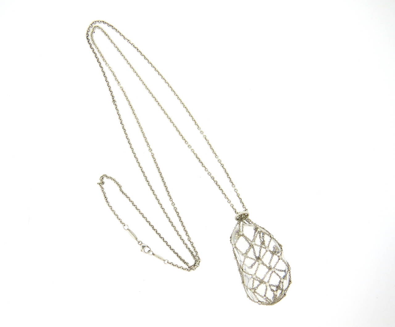 Tiffany & Co. Elsa Peretti Crystal Sterling Diamond Caged Bean Pendant Necklace In Excellent Condition In Lambertville, NJ