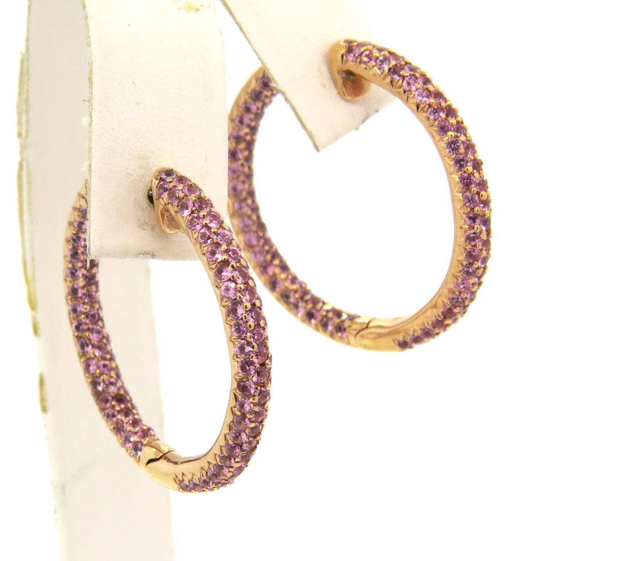 Modern Pink Sapphire Gold Inside Out Hoop Earrings In Excellent Condition In Lambertville, NJ