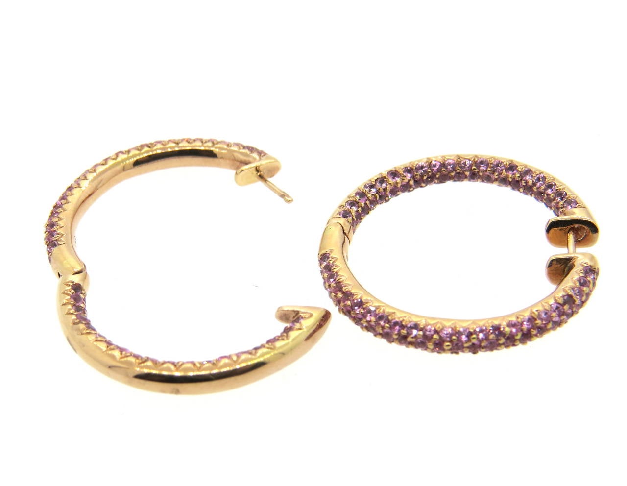 Women's Modern Pink Sapphire Gold Inside Out Hoop Earrings