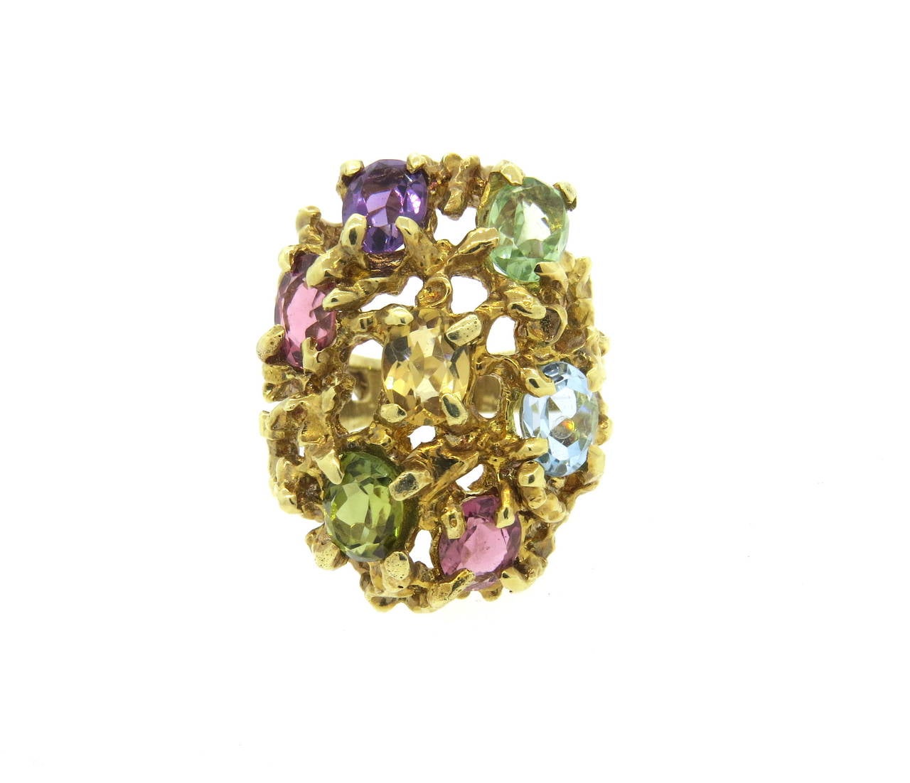 Women's 1970s Large Multi-Color Gemstone Gold Free-Form Ring