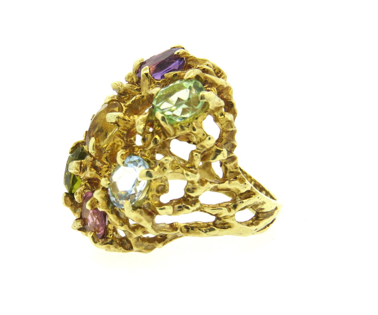 1970s Large Multi-Color Gemstone Gold Free-Form Ring 1