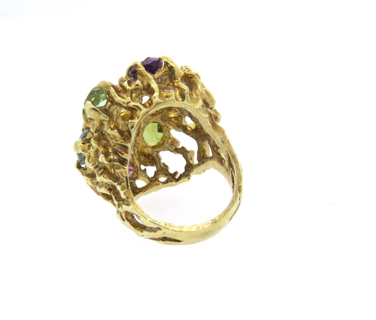 1970s Large Multi-Color Gemstone Gold Free-Form Ring In Excellent Condition In Lambertville, NJ